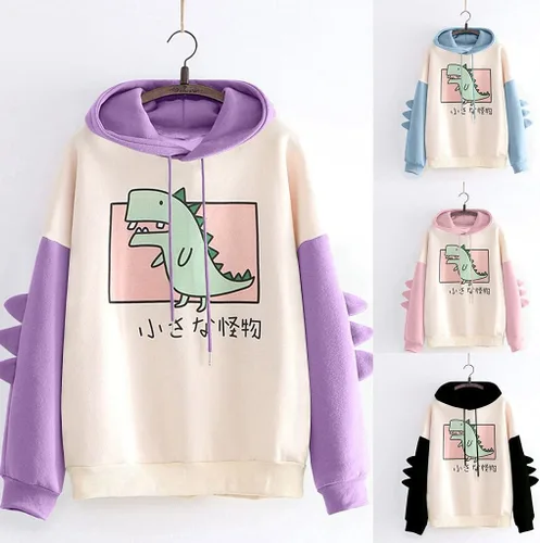 Vista 2 de Sudadera de invierno Kawaii de manga larga con capucha para mujer, diseño de dinosaurio, estampado japonés
