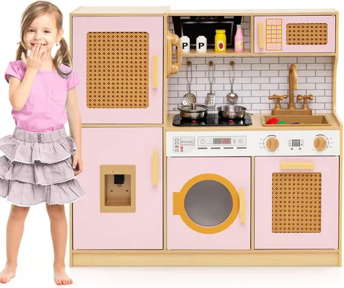 Vista 15 de Costzon Juego de cocina para niños, juego de madera para niños pequeños con luces y sonidos reales, fregadero, grifo, dispensador de agua, Blanco