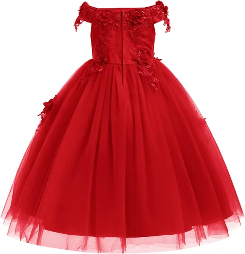 Vista 2 de IDOPIP Vestido de tul de princesa con cuentas y hombros descubiertos para niña de flores, vestido formal de dama de honor, boda, fiesta, para niños