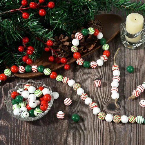 Vista 6 de 240 cuentas de madera de Navidad de bastón de caramelo, cuentas de madera de remolino de menta de Navidad, cuentas redondas de 0.630 in para Navidad