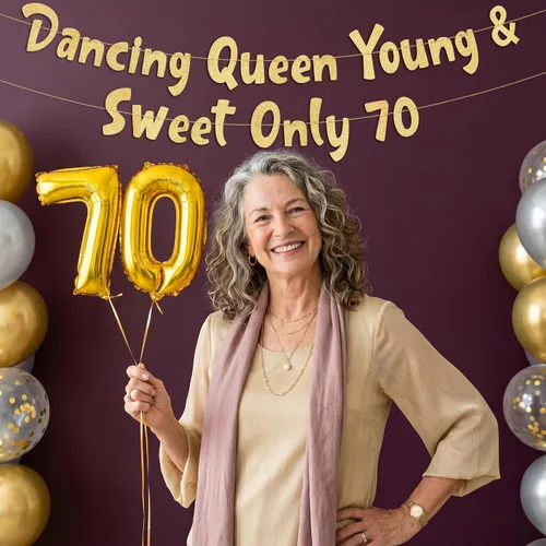 Vista 2 de Cartel con purpurina dorada preencordada con la reina bailarina Young & Sweet Only 70 – Decoraciones de cumpleaños 70 para hombres y mujeres
