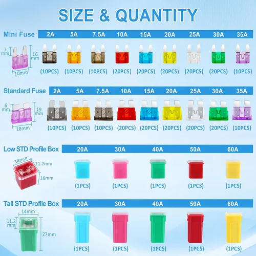 Vista 2 de Kit surtido de fusibles para automóvil, 292 piezas de fusibles estándar y mini cuchilla, fusibles en forma de caja Jcase de perfil alto/STD y bajo