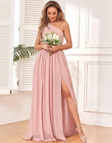 Vista 5 de MXODI One Shoulder Bridesmaid Dress with Slit Chiffon Long Formal Dresses with Pockets