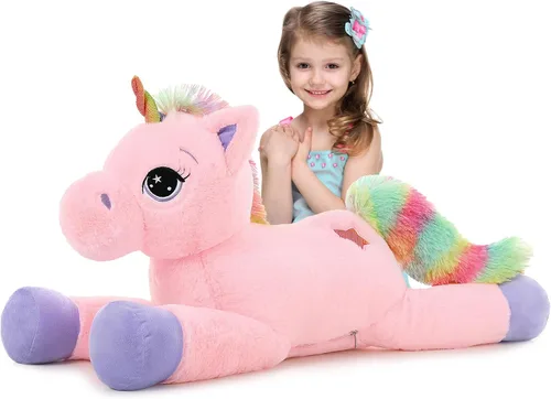 Vista 15 de Tezituor Juguetes de unicornio de peluche de 32 pulgadas, animales de unicornio gigante beige de peluche, encantadoras decoraciones de peluche