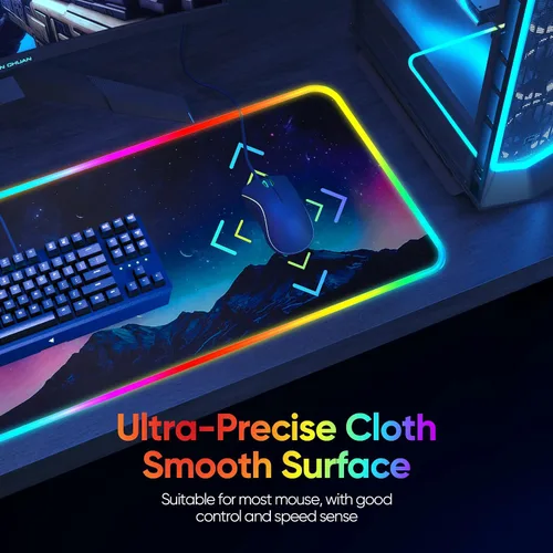Vista 4 de Alfombrilla de mouse para juegos RGB, Galaxy Space extendida, grande, suave, con 14 modos de iluminación, alfombrilla impermeable para teclado