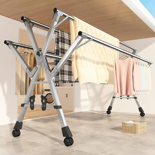 Vista 7 de Tendedero plegable para ropa de lavandería de 63 pies, estante de secado de ropa de acero inoxidable, estante de secado de ropa plegable