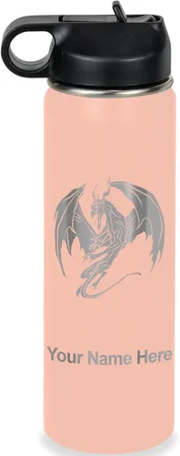 Vista 64 de LaserGram Botella de agua con tapa abatible de doble pared de 12 onzas con pajilla, dragón, grabado personalizado incluido (negro)