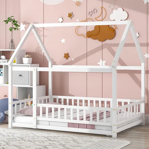 Vista 9 de Cama individual de madera con barandilla de valla para niños y niñas, tienda de campaña con toldo con techo (gris)