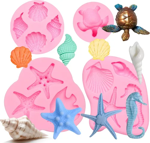Vista 11 de Moldes para fondant de cuerno de concha, molde de conchas de chocolate con estrellas de mar marinas y tortugas para decoración de pasteles, arcilla
