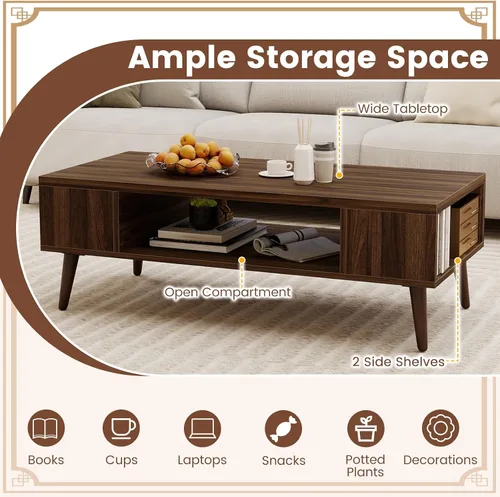 Vista 5 de Giantex Mesa auxiliar moderna de mediados de siglo, mesa central rectangular de 42 pulgadas con 2 estantes de almacenamiento y compartimento