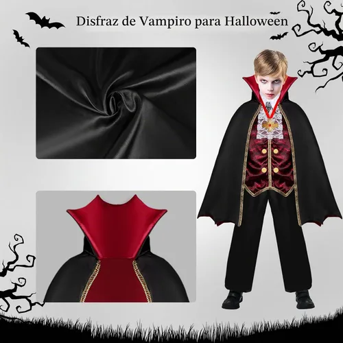 Vista 5 de Disfraz de vampiro para niños, disfraz gótico de Halloween con capa y dientes, collar de bastón, accesorios de vampiro