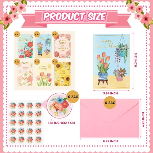 Vista 2 de Crtiin Juego de 240 tarjetas para el Día de la Madre a granel 2026 tarjetas de felicitación florales para madre con sobres rosados, 6 diseños