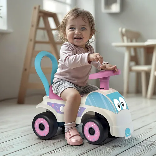 Vista 2 de DOLU: Walk & Drive - Coche de pie a piso, blanco y rosa, vehículo de juguete para montar, bocina, asiento de almacenamiento, mango de empuje, juego