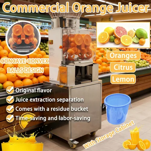 Vista 2 de Exprimidor de naranja comercial 110 V Vertical Orange Juice Extractor Machine Citrus Lemon Squeezer 20PCS/Min, con gabinete de acero inoxidable