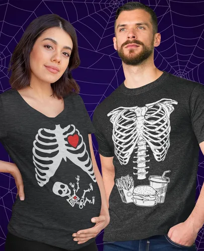 Vista 2 de Divertidos disfraces de maternidad de Halloween para parejas, juego de camiseta a juego con diseño de hamburguesa y patatas fritas