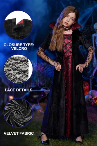 Vista 4 de Disfraz de vampiro de Halloween para niñas, 5 piezas, vestido gótico