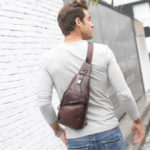 Vista 7 de Bolsos cruzados para hombre, bolso bandolera de cuero, mochilas casuales para el pecho, bolsa de hombro, mochilas de senderismo de viaje