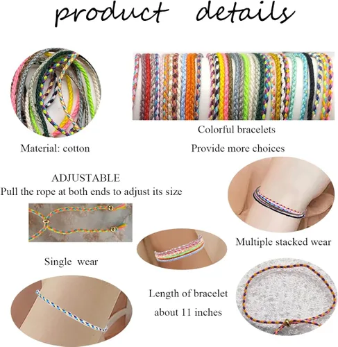 Vista 5 de Svovin 36 pulseras tejidas para mujeres y hombres, Muticolor, ajustables, trenzadas, hechas a mano, con cuentas bohemias apilables, juego