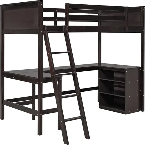 Vista 6 de Harper & Bright Designs Cama tipo loft individual con escritorio y 3 estantes, marco de cama tipo loft de madera maciza con escalera en ángulo