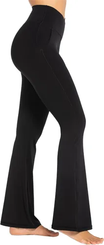Vista 4 de Sunzel Leggings acampanados para mujer con bolsillos, pantalones de yoga cruzados con control de abdomen, cintura alta y pierna ancha