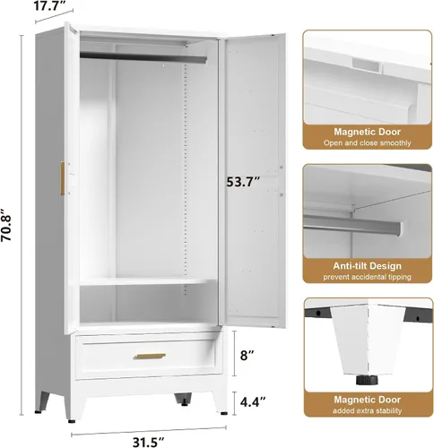 Vista 3 de Washsemba 180 cm de armario de metal para casa rural con barra para colgar, 2 armarios de granero con estantes ajustables, cajón, para comedor