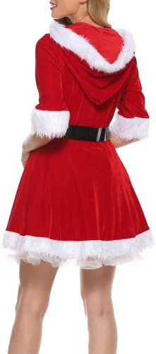 Vista 5 de Luckinbaby Disfraz de Mrs Claus de 2 piezas para mujer vestido de Navidad de manga larga con capucha vestido de Papá Noel para fiesta cosplay traje