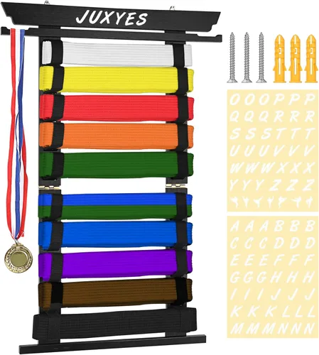 Vista 9 de JUXYES Organizador de cinturones de artes marciales para colgar en la pared, para 10 cinturones con colgador de medallas y calcomanías, soporte