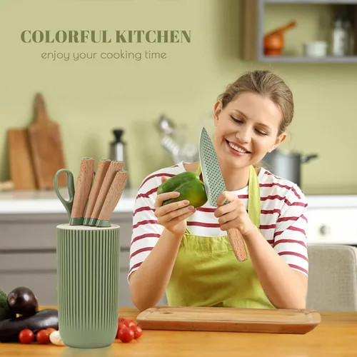 Vista 6 de Juego de cuchillos de cocina, 6 piezas, juego de cuchillos profesionales verdes con bloque de cuchillos universal, juego de cuchillos súper afilados