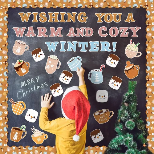 Vista 6 de Tableros de Anuncios de Navidad e Invierno - 115Pcs Set de Diseño de Taza de Cacao de Invierno con Puntos de Pegamento, Cartulina Duradera y Taza