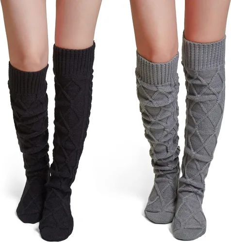 Vista 26 de Pcavin Thigh High Socks for Women, Long Cable Knit Over Knee Boot Stockings 0013 Estilo Negro