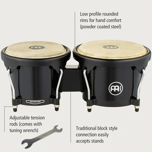 Vista 4 de Meinl Percussion HB100SNT-M bongós de madera natural de 6 3/4 y 8 pulgadas, Negro Bongos de carcasa sintética duradera profesional para adultos
