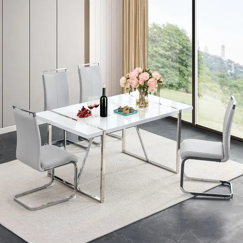 Vista 13 de Juego de mesa de comedor para 4, juego de mesa de cocina moderno con 4 patas de metal tapizadas, juego de mesa de comedor blanco para 4 personas