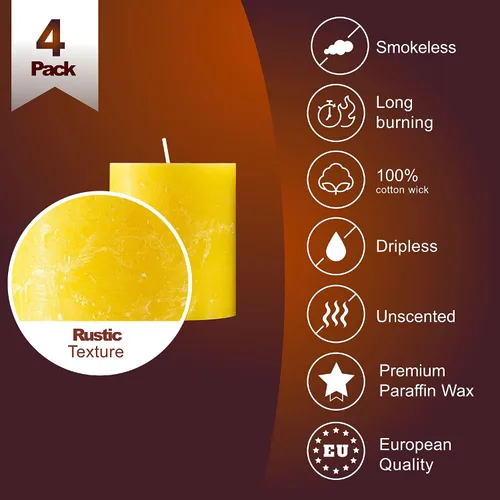 Vista 3 de SPAAS - Juego de 4 velas rústicas de pilar amarillas – Velas decorativas de 2.7 x 3 pulgadas – Velas de pilar rústicas sin perfume sin olor