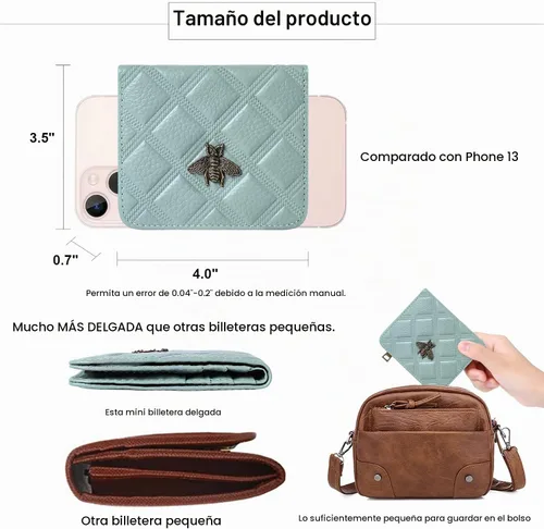 Vista 4 de Billetera para mujer, con bloqueo RFID, pequeña, compacta, plegable, de piel auténtica, con bolsillo, mini carteras para mujeres