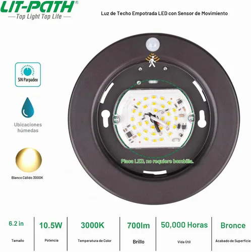 Vista 3 de LIT-PaTH Lámpara de techo LED de montaje empotrado, accesorio de iluminación para armario con sensor de movimiento, 10,5 W, 700 lúmenes, 6,2 Acabado