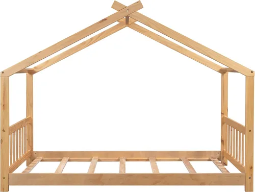 Vista 4 de Merax Cama de plataforma de casa de tamaño individual con cabecero y estribo, marco de cama de madera con diseño de techo para dormitorio,
