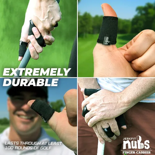 Vista 5 de JerkFit NUBS - Caddies para dedos (par) – Mangas duraderas para pulgar y dedos para evitar ampollas de golf, guantes de golf cómodos y cinta Negro
