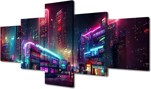Vista 103 de Póster de 5 paneles en lienzo para decoración de pared, diseño de centro urbano Cyberpunk, impresión moderna, decoración de pared para el hogar