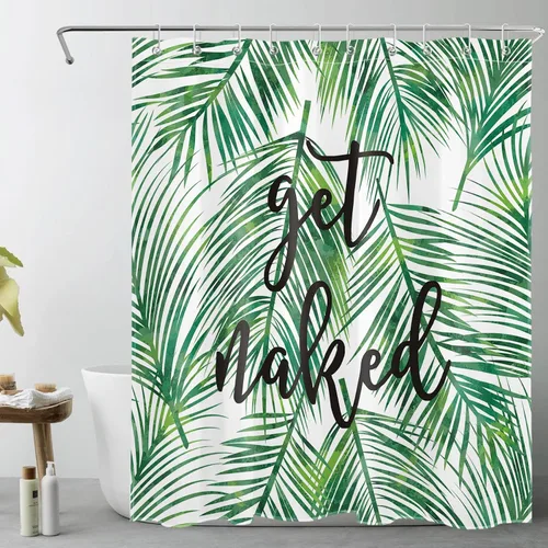 Vista 12 de LB Cortina de ducha de plantas de hojas verdes tropicales, citas divertidas y hojas de palma en cortinas de ducha beige para baño, tela de poliéster
