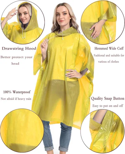 Vista 29 de Ponchos de lluvia reutilizables con capucha con cordón para adultos, abrigo de lluvia grueso impermeable, 2 paquetes