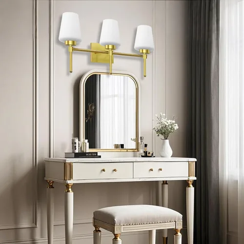 Vista 7 de Lámpara de baño de latón cepillado, 3 luces de 24 pulgadas, aplique de pared moderno con pantalla de vidrio para sobre el espejo, clasificación
