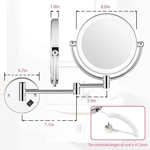 Vista 6 de Wall Mounted Makeup Mirror LED Touch Button Stepless Adjustable Light Double Sided 1X/5x Magnifying Vanity Mirror 360° Swivel Extendable for