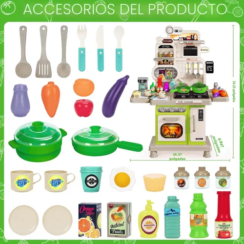 Vista 7 de Juego de cocina para niños, juego de cocina para niños pequeños, juguetes con sonido y luz, estufa de cocina, fregadero de juegos, accesorios