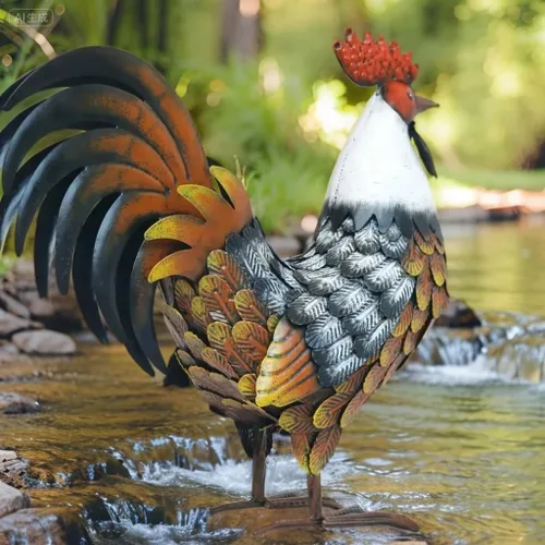 Vista 5 de Estatuas y escultura de gallo de jardín de Kircust, arte de patio de animal de metal pollo adorno de césped figuras obra de arte para decoración al