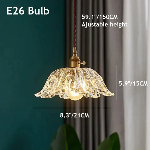 Vista 2 de Retro Brass Pendant Light Fixtures, Mid Century Flower Shape Glass Shade Hanging Pendant Lamp, 59.1in Adjustable Height E27/E26 Sockets Chandelier