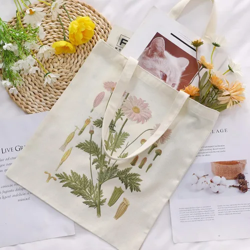 Vista 6 de Bolsa de lona floral de 4 piezas para mujeres, regalos de club de lectura, bonitas bolsas de lona estéticas a granel con flores reutilizables