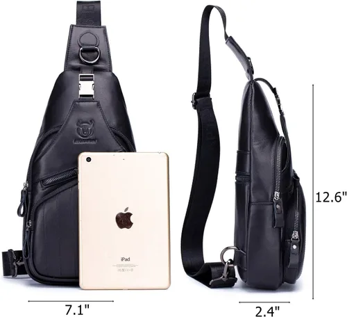 Vista 2 de BULLCAPTAIN Bolso bandolera de cuero para hombre, bolso cruzado casual para el pecho, mochila de viaje