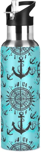 Vista 8 de BPA-Free Sport Water Bottle 32 Oz, Insulated Water Bottle for Gym Outdoor Travel School, Nautical Anchors Teal Black