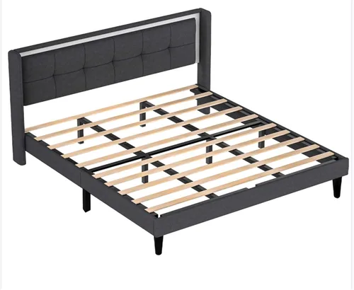 Vista 4 de Base de cama tapizada de tamaño matrimonial con cabecera de terciopelo moderna y soporte de listones de madera resistente, antideslizante, sin