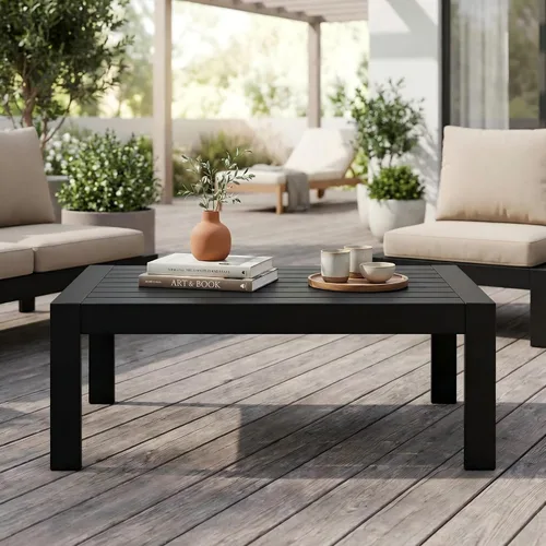 Vista 3 de Solaste - Mesa de café de aluminio para exterior, rectangular de metal para todo tipo de clima, mueble de patio para balcón, jardín, uso en Negro